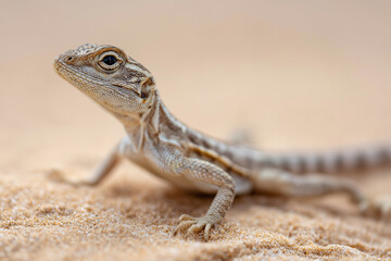Close-up of desert lizard on warm sand with natural texture and detail, 