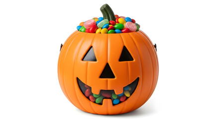 Fototapeta premium Orange jack o lantern bucket overflowing with colorful halloween candy treats