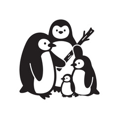 Silhouette of a cute penguin family huddled together on a white background.