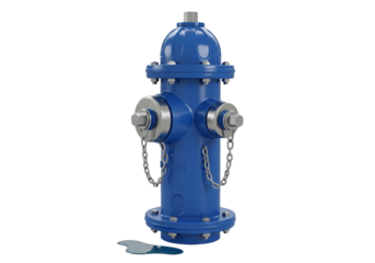 Isolated blue metal fire hydrant standing upright with water puddle near its base outdoors