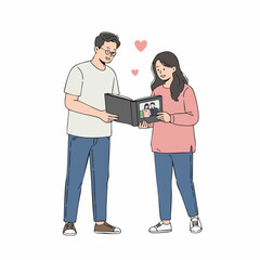 Minimalist Handdrawn Couple Looking at Album Illustration with Heart Symbol