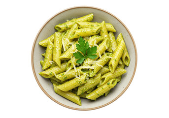 Isolated Penne Pasta with Pesto Sauce and Cheese, a Culinary Delight on Display, Ready to Eat