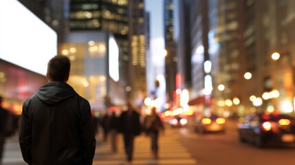 Person stands on bustling city street at night, surrounded by blurred lights and skyscrapers, creating vibrant urban atmosphere