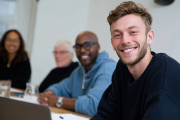  Team picture of 3 people in a meeting working for a startup, spread around the image, having a meeting dicussing things, dont know the camera is there, diverse group in raca and