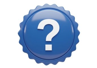 Isolated blue award badge with question mark design, concept for support and assistance
