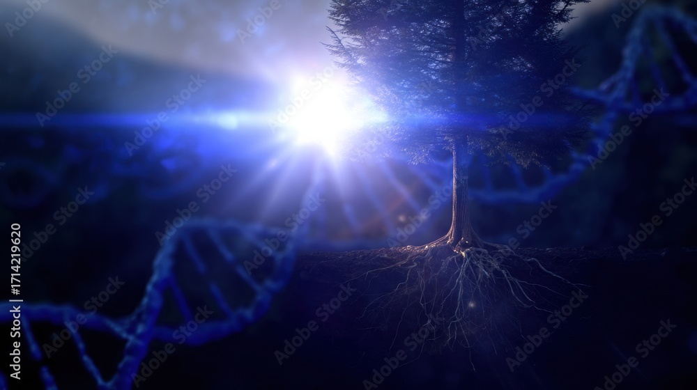 Poster tree with glowing roots and dna strands symbolizes connection between nature and science, illuminate