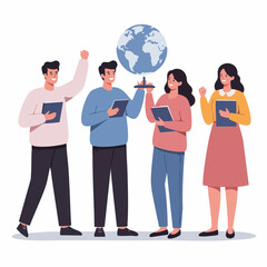 Obraz premium Flat Style Diverse Teamwork with Globe Collaboration and Communication Illustration