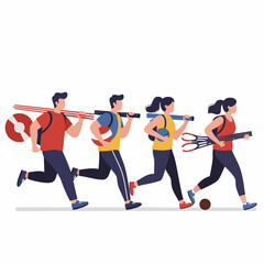 Flat Illustration Team Running with Sport Equipment for Competition Event