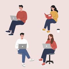 Flat Style Detailed People Working with Laptop and Book Illustration