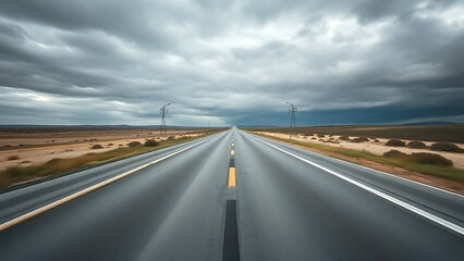 Moody overcast sky over an expansive empty roadway with atmospheric depth.