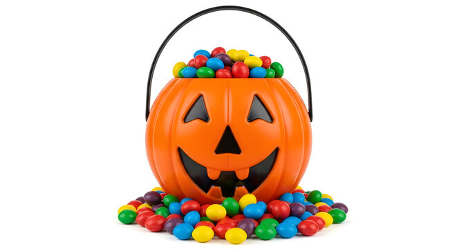 Orange jack o lantern bucket overflowing with colorful candies