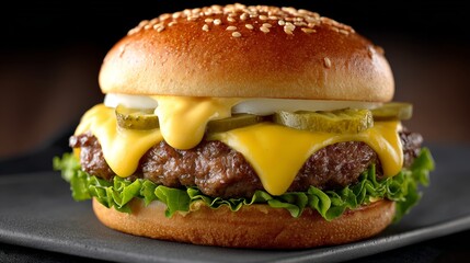 Mouthwatering American Cheeseburger with Juicy Beef Patty, Melted Cheese, and Fresh Toppings