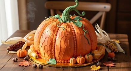 Delicious pumpkin cake decorated with fondant on a wooden table for thanksgiving