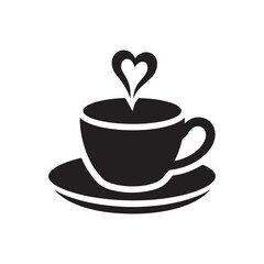 Silhouette of a steaming coffee cup with a saucer on a white background.