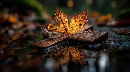 Colorful wet leaf resting on wooden surface with shimmering reflections during autumn in a serene forest