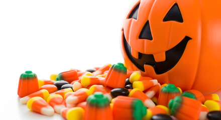 Bright orange jack o lantern bucket overflowing with colorful halloween candies