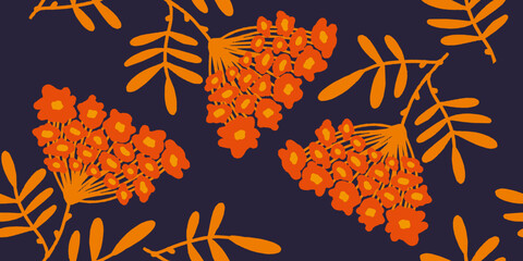 Orange Rowan Berries on Dark Blue Pattern