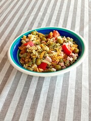 Fresh pasta salad. Healthy eating and nutrition.