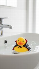 A rubber ducky dressed as a vampire floats in a bathroom sink filled with water.
