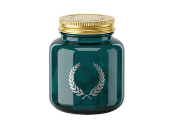 Isolated green medical bottle with golden lid, laurel wreath, health, and wellness