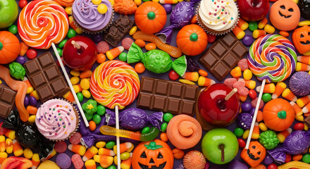 Abundant assortment of colorful halloween candies and sweets