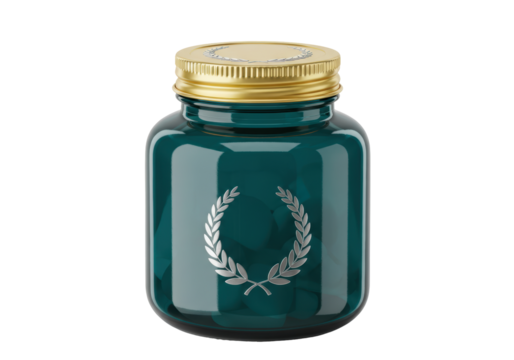 Isolated green medical bottle with golden lid, laurel wreath, health, and wellness