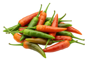 Isolated Pile of Chili Peppers, colorful pods with green stems, healthy cooking ingredient