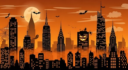 Spooky halloween night cityscape silhouette with ghosts and bats flying around moon