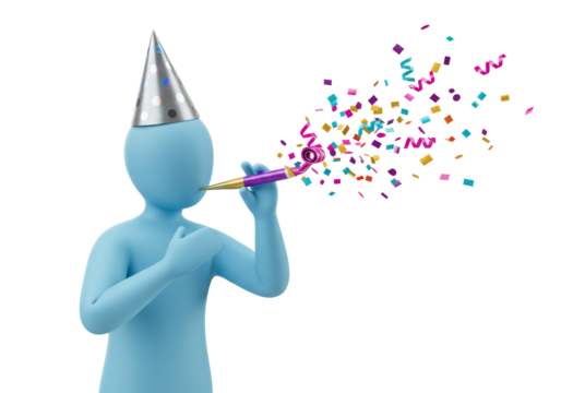 Isolated light blue figure blows party horn with confetti for fun celebration event