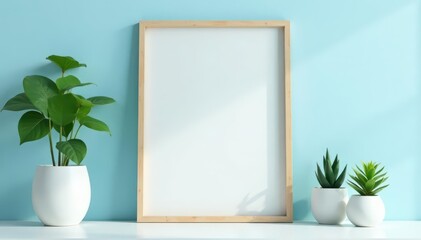 Clean simple frame against a pastel blue wall with small plants, home decor, plant