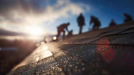 Roofing crew working at sunrise on a glistening wet roof.