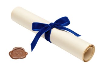 Isolated diploma tied with ribbon and sealed, graduation certificate, parchment scroll