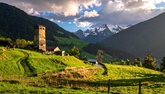 Mountain valley landscape with ancient tower
