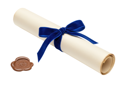 Isolated diploma tied with ribbon and sealed, graduation certificate, parchment scroll