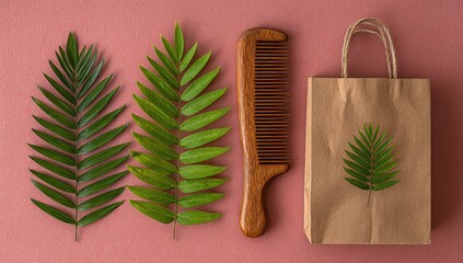 Obraz premium Fresh green leaves, wooden comb, and paper bag on blush pink
