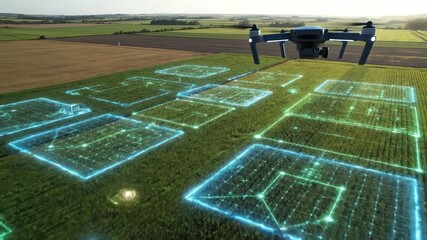 Advanced drone surveys vast agricultural fields with glowing digital overlays for precision farming and data analysis. - Powered by Adobe