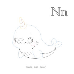 Cute narwhal trace and color worksheet for kids. Educational printable activity page for preschool and kindergarten learning, handwriting practice, and coloring book template. © Ксения Раневская