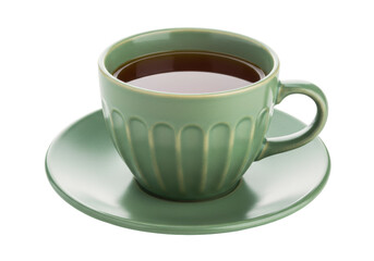 Isolated close up of a green cup and saucer with dark liquid, on neutral background