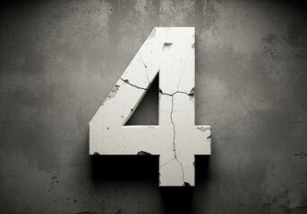 Cracked number four stands against a weathered concrete wall, symbolizing fragility and age in a stark, industrial setting.