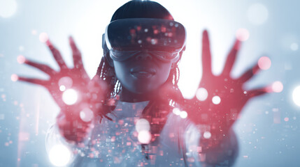 Immersive Virtual Reality Experience: A person fully immersed in a virtual world, her hands outstretched as if reaching into a digital realm.