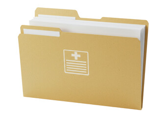 Isolated manila file folder containing documents with health symbol, office supplies, no shadow
