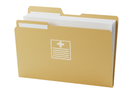 Isolated manila file folder containing documents with health symbol, office supplies, no shadow