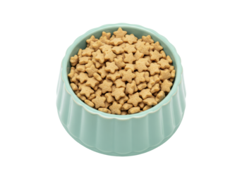 Isolated dry pet food shaped like stars in a light-blue bowl for dogs or cats mealtime snacks