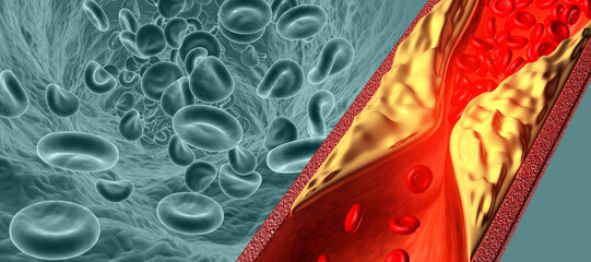 Cholesterol plaque in artery on science background. 3d illustration