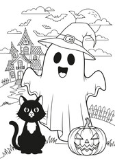 Adorable ghost and black cat halloween illustration for kids activity and coloring books