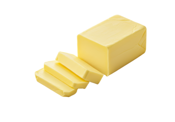 Isolated margarine still life a cube and three slices with wrapping dairy food ingredient