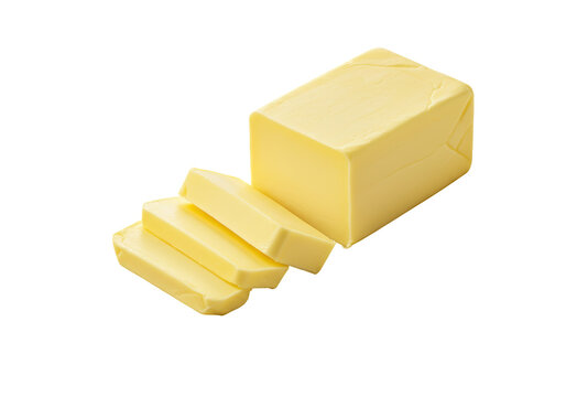Isolated margarine still life a cube and three slices with wrapping dairy food ingredient