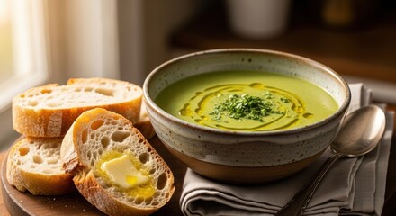 Creamy Green Soup with Olive Oil and Fresh Bread, Comfort Food Still Life