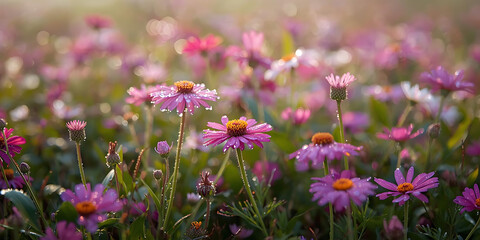 Close-Up Purple Daisies with Dew in Golden Light