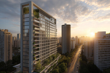 Obraz premium A high-end residential tower, features a glass and stone facade